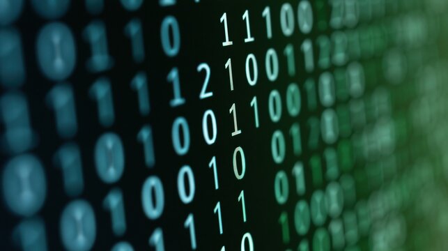 Close-up view of glowing binary code digits on a dark digital background representing data and technology