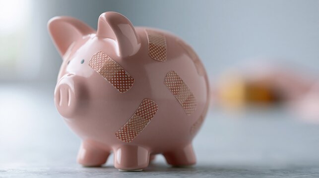 Pink ceramic piggy bank with adhesive bandages covering its body symbolizing financial healing and economic recovery.
