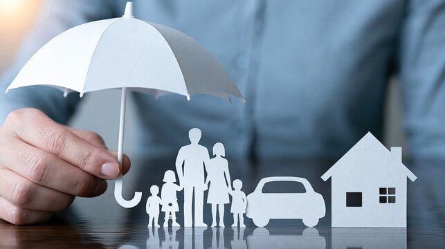 Hand holding white umbrella protecting paper cutout family car and house symbolizing insurance coverage