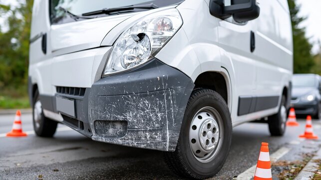 Damaged white van parked on road with traffic cones indicating accident scene