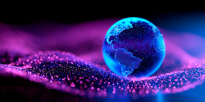 Glowing blue Earth hologram floats over neon purple particle waves. Digital abstract, futuristic cyberspace with sparkling dots. Global network, data flow, sci-fi concept
