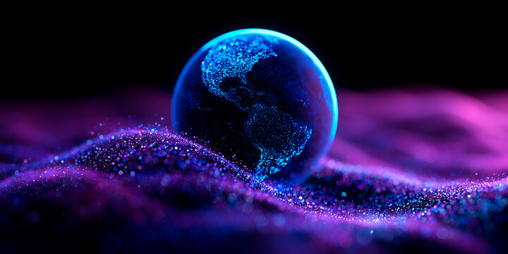 Glowing blue Earth hologram floats over neon purple particle waves. Digital abstract, futuristic cyberspace with sparkling dots. Global network, data flow, sci-fi concept