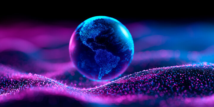 Glowing blue Earth hologram floats over neon purple particle waves. Digital abstract, futuristic cyberspace with sparkling dots. Global network, data flow, sci-fi concept