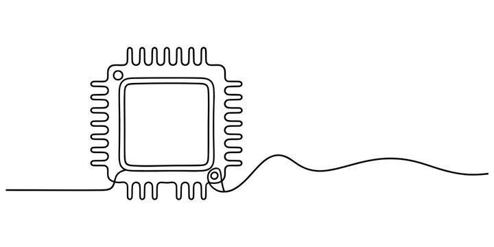 Computer processor chip drawn in a continuous single line art style on a simple surface