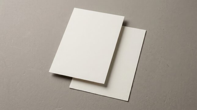 Top view of two blank white paper sheets stacked on a neutral grey background for branding mockup and professional stationery design