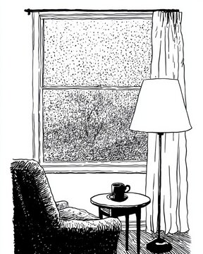 A warm scene with a window showing raindrop scribbles and a cozy chair next to a table with a cup. A lamp adds soft light to the room.