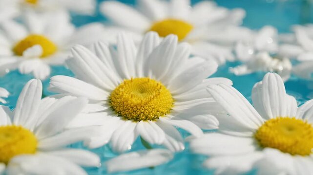 White daisy flowers floating on clear blue water for spa and wellness concept.