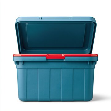 Blue plastic storage container with red lid open against white background