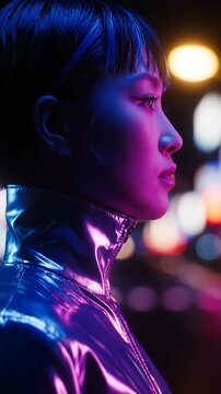 Young Asian woman in a futuristic metallic jacket standing in a neon lit cyberpunk city at night.