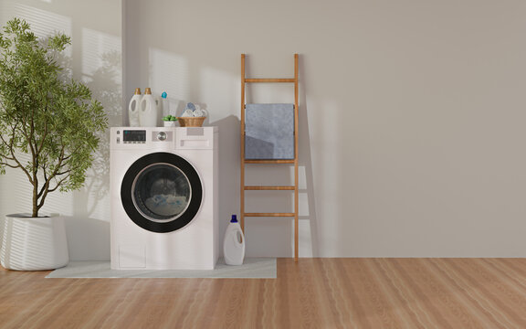 Modern laundry room interior with washing machine, detergent bottles, green plant, wooden ladder and empty wall space. 3D render.