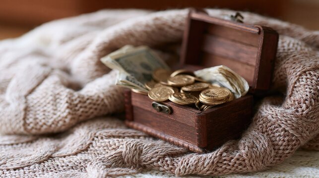 Open wooden treasure chest filled with gold coins and paper currency resting on a soft beige knitted blanket.