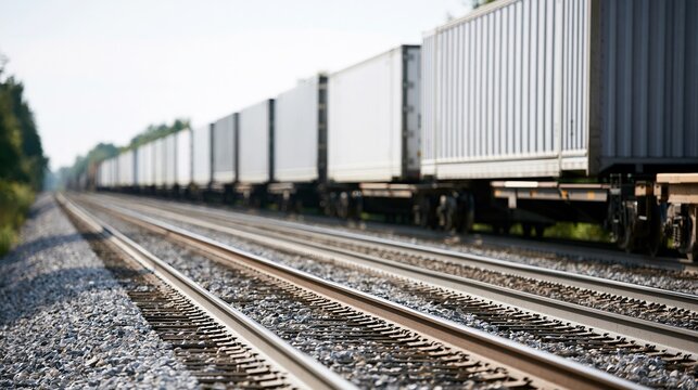 Long freight train carrying shipping containers moves along parallel railway tracks through a rural landscape under bright daylight
