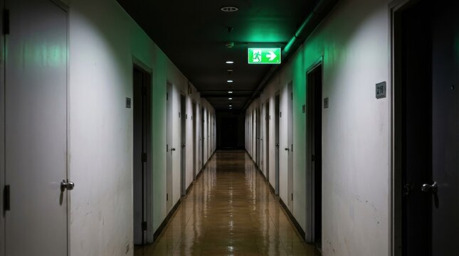 Long dark hotel corridor with many doors and green exit sign