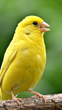 Vibrant yellow canary bird perched on a wooden branch against a soft green background.