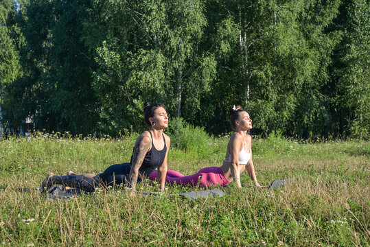 Two young women practicing yoga together outdoor