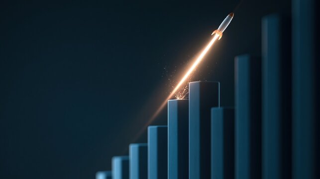 A rocket launches upward over ascending blue bar chart bars symbolizing growth and success against a dark background