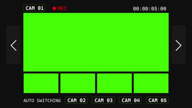 CCTV CAM 1 interface dashboard with recording indicator, multi camera monitor panels, navigation controls and green screen displays for surveillance videos.