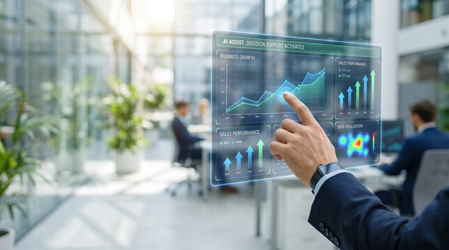 Businessman analyzing business growth chart on futuristic holographic display with data visualization.