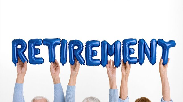Three people holding up blue letter balloons spelling retirement word against white background celebrating new chapter