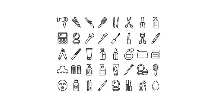 Set of beauty, makeup and cosmetic line icons, collection of skincare and fashion related symbols.