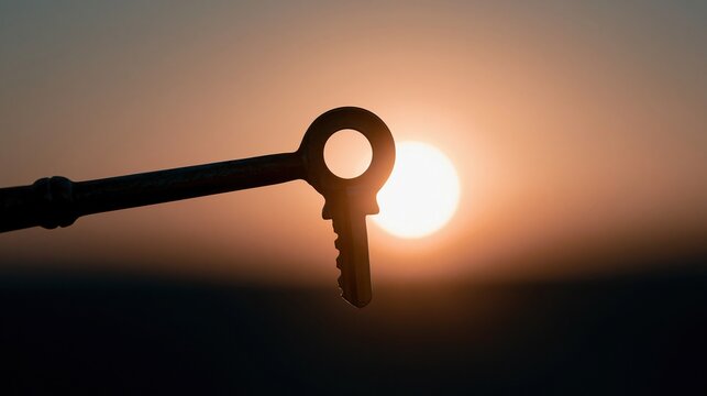 Silhouette of an old key against a bright sunset sky creating a symbolic image of opportunity and discovery.