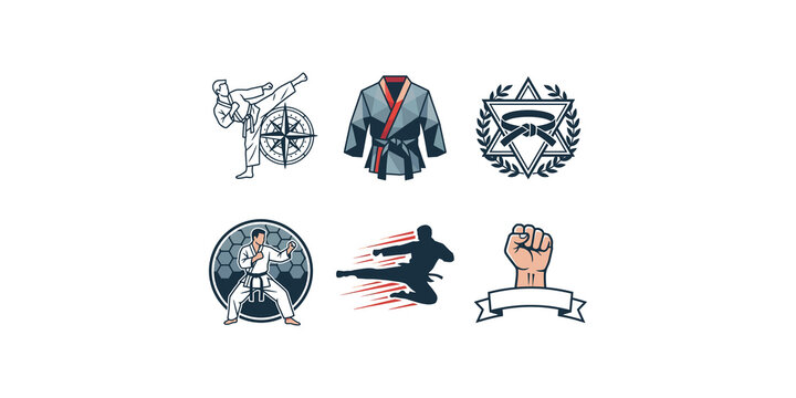 Martial arts logo set collection featuring karate fighters uniforms belts and combat symbols for sports club branding design projects.