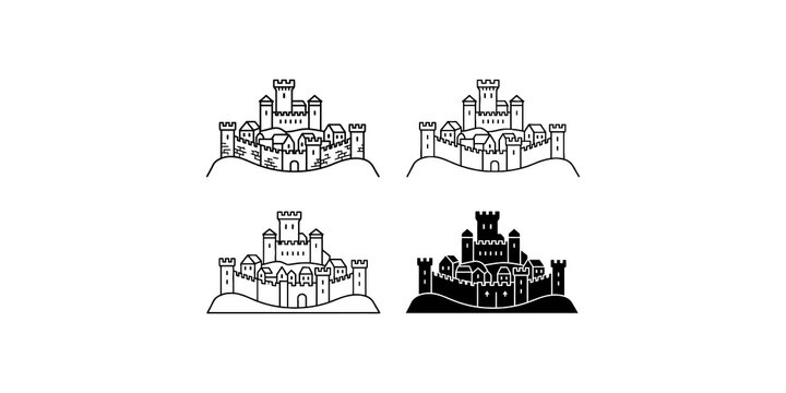 Four different castle or fort vector icons, isolated on a transparent background for various medieval or fantasy designs.