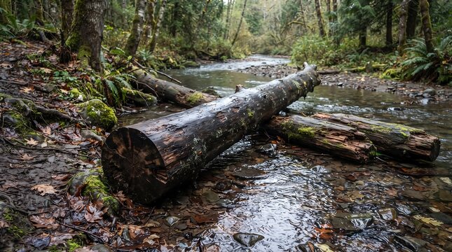 A large fallen log lies across a shallow, muddy forest stream surrounded by dense trees and mossy banks.