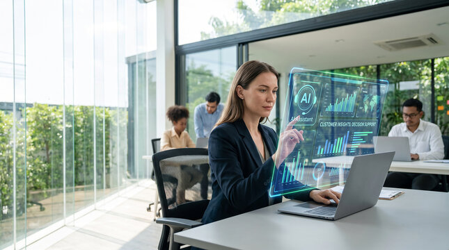 Businesswoman interacting with AI data visualization hologram for business analytics and customer insights in a bright office environment.