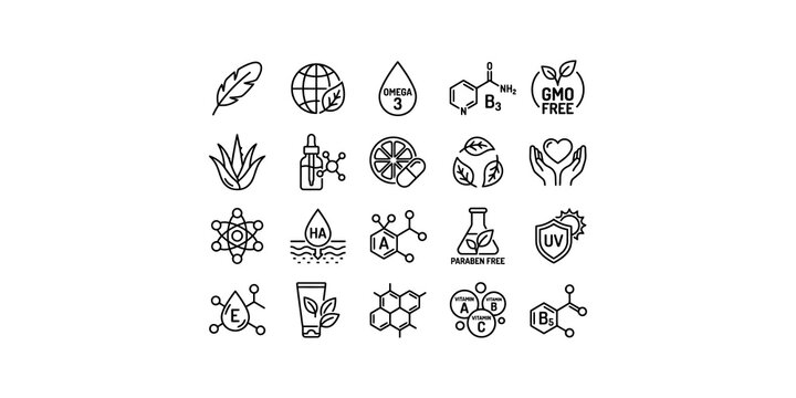 Collection of various cosmetic ingredient and natural beauty care line icons isolated on transparent background for skincare product design.