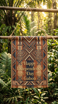 Woven tribal tapestry with national geometric pattern hanging in jungle for Gabon independence