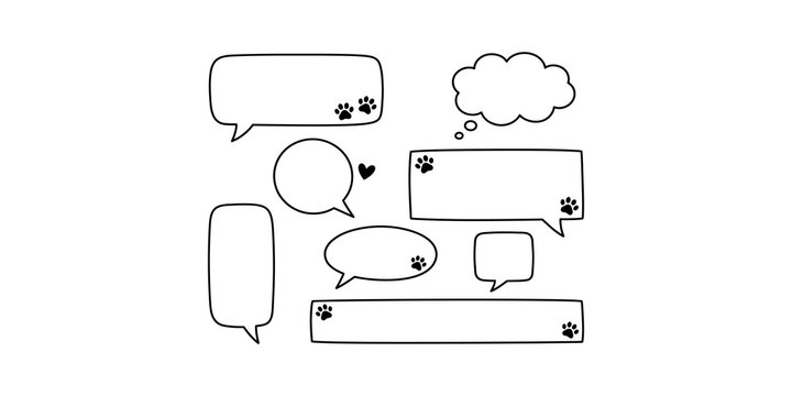 Set of black line comic speech bubbles with paw prints and heart, hand drawn doodle speech bubbles.