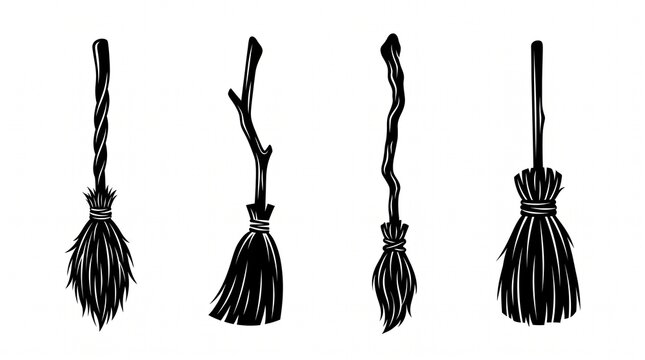 Set of black and white hand drawn spooky Halloween witch broomsticks vector illustration