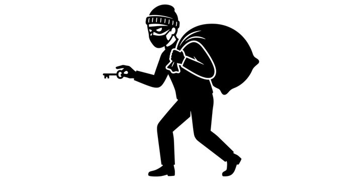 Silhouette of a masked thief with a large sack over their shoulder, holding a key, ready for burglary or escape.