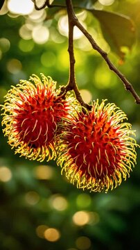 Two ripe red rambutan fruits hanging from a tree branch in a tropical orchard under golden sunlight.