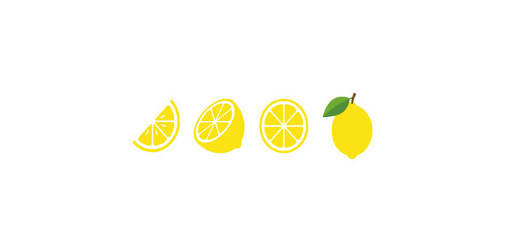 Lemon fruit vector illustration set featuring whole lemon and half cut and slice and wedge icons for citrus fresh design and food market.