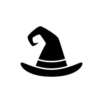 Black witch hat icon for Halloween party design and magic wizard costume vector graphic