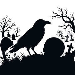Obraz premium Black raven silhouette in a spooky graveyard with tombstones and a human skull