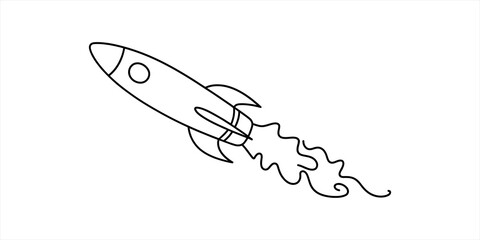 Simple line art drawing of a flying rocket ship with fire coming out of the engine for space travel and exploration themes in a minimal style design © Vector Art Gallery 