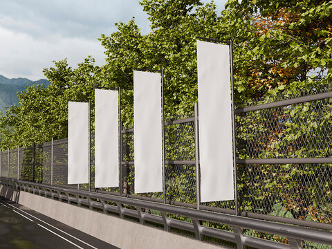 Flags on street. Perspective of white advertising flags