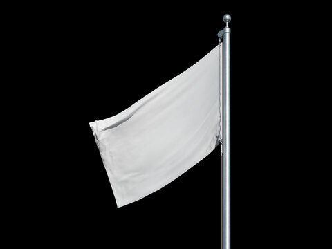 Fluttering blank white flag on flagpole isolated on black background