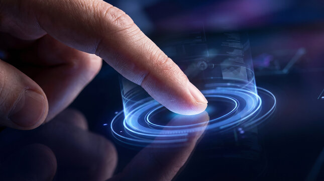 Close up finger activating holographic digital interface with biometric fingerprint scan and glowing blue energy rings for security access.