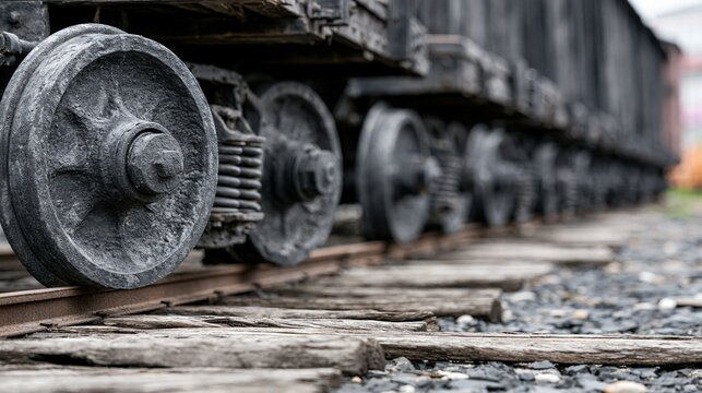 Close-up of rusty train wheels on weathered wooden tracks with gravel ballast in an outdoor setting