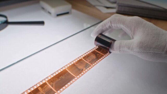 Unrecognizable photographer hands in gloves unrolling 35mm film negative strip on light table. Footage represents analog photography restoration, historical preservation, or museum archiving services