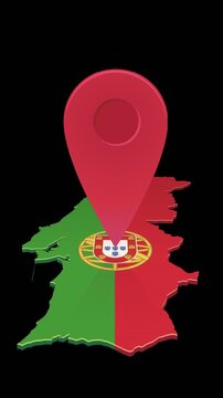 Animated location pin mark on Portugal map representing travel destination, navigation, geotargeting, and tourism. Chroma key green screen with alpha channel. (loopable)