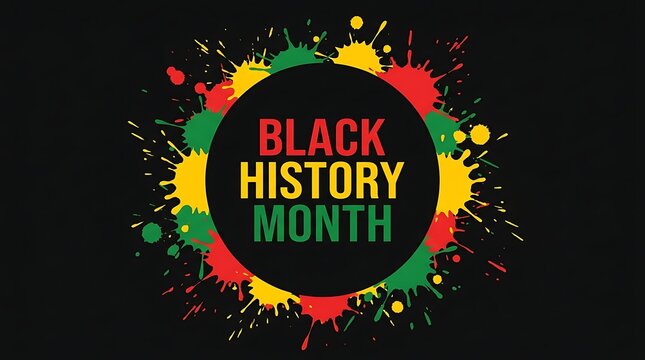 Colorful circular design with paint splatters celebrating black history month on a dark black background for social media