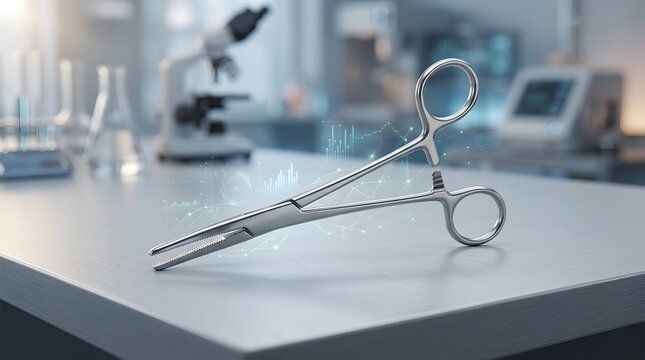 A professional stainless steel medical instrument resting on a clean laboratory table surface in a modern hospital setting