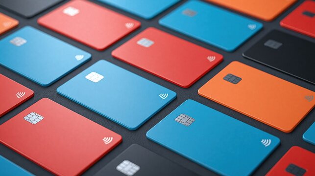 Colorful payment cards arranged in a grid pattern with chips and contactless symbols on dark surface