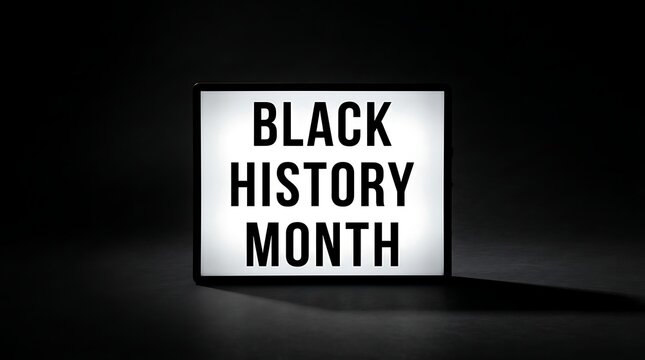 A cinematic lightbox display featuring the words black history month glowing against a dark moody background