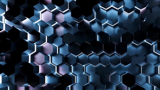 High-tech 4K 3D rendered animation featuring an abstract hexagonal mesh background where illuminated blue and magenta geometric panels shift rhythmically in a seamless loop